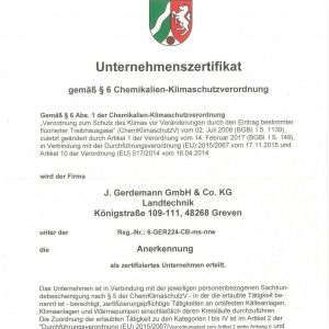 Unternehmenszertifikat Kältetechnik